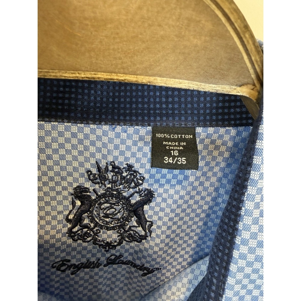 English Laundry Mens Size 16 34/35 Blue Gingham Dress Shirt Long Sleeves - Picture 10 of 11